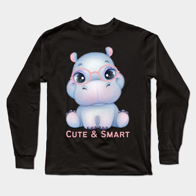 Cute and Smart Cookie Sweet little hippopotamus in pink glasses cute baby outfit Long Sleeve T-Shirt by BoogieCreates